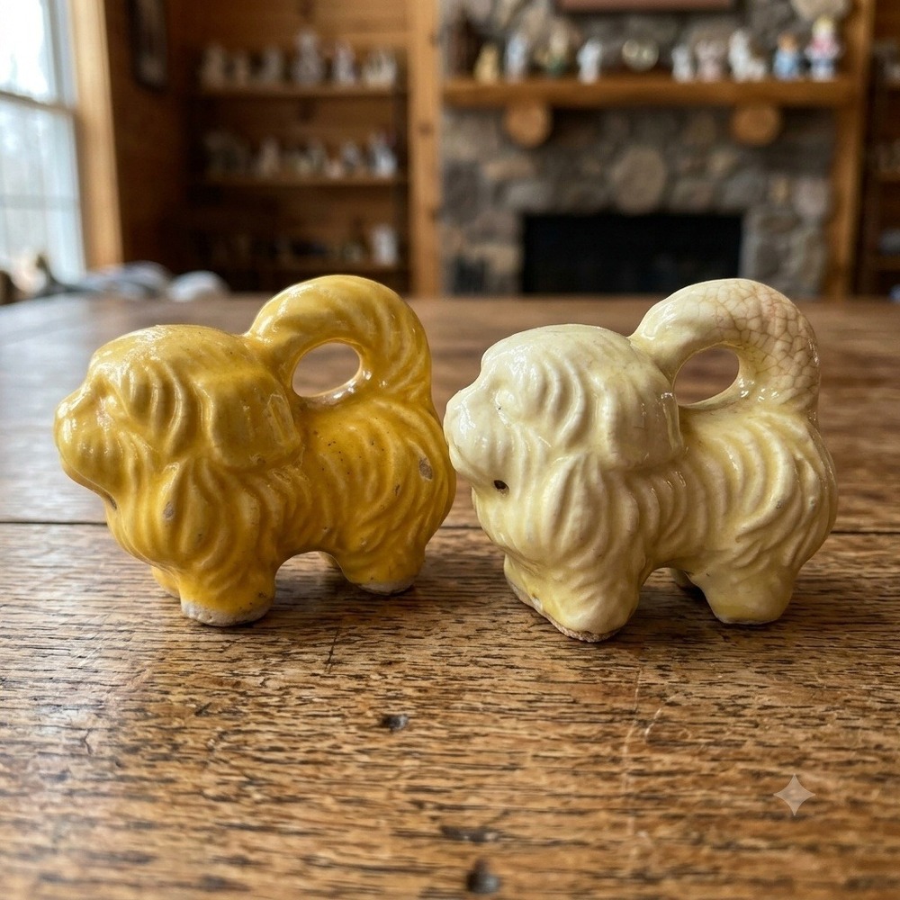 Vintage Japan Ceramic Pekingese Dog Salt and Pepper Shakers Yellow Set of 2